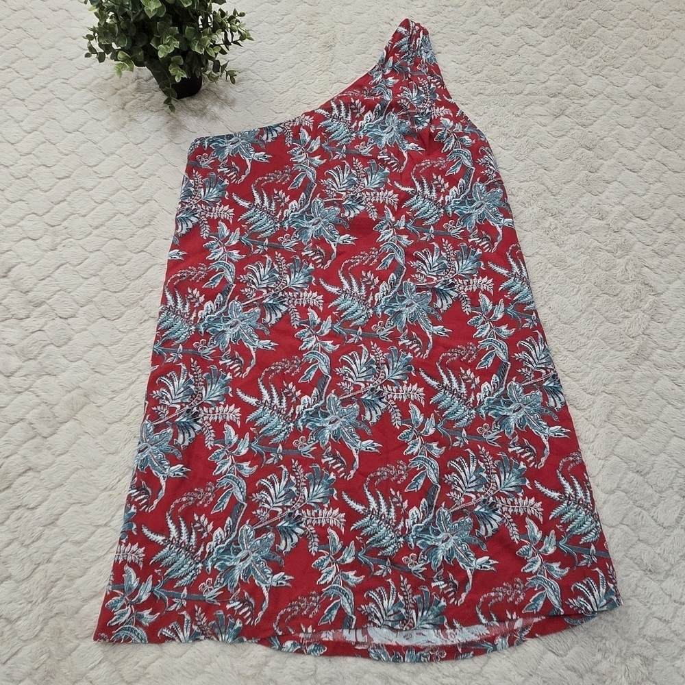 LOFT Red and Blue Floral One-Shoulder Short Shift Dress, Size Medium